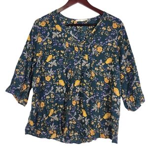 Fun 2 Fun Kearney Henley Floral Blouse Boho Peasant Green Yellow 3/4 Sleeve 1XL